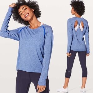 Lululemon Stop Drop Squat Long Sleeve Blue Tee Twist Open Back Anti Stink Top 12